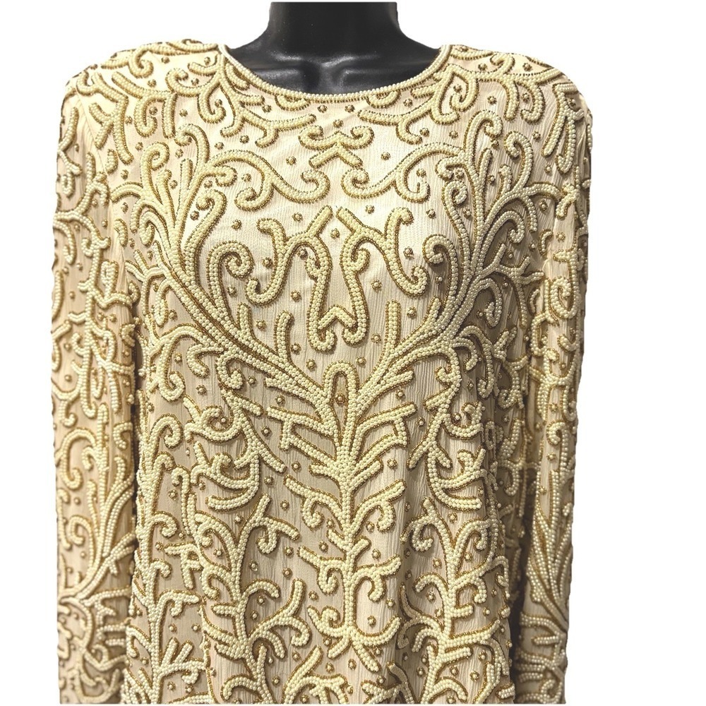 Vintage 80s Beaded Sequin Embellished Top Women's L Silk Party Glam Mob Wife NWT - Picture 2 of 10